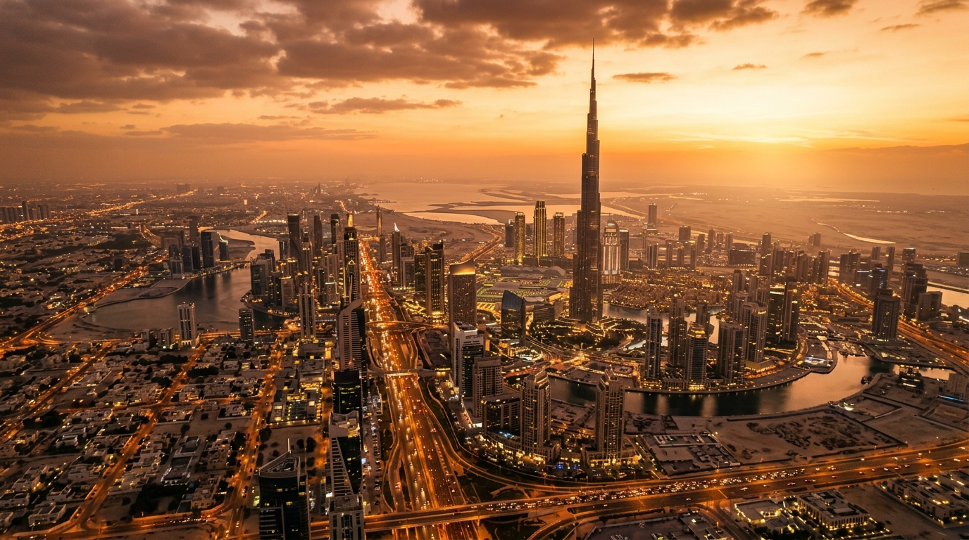 Dubai skyline at golden hour with Burj Khalifa